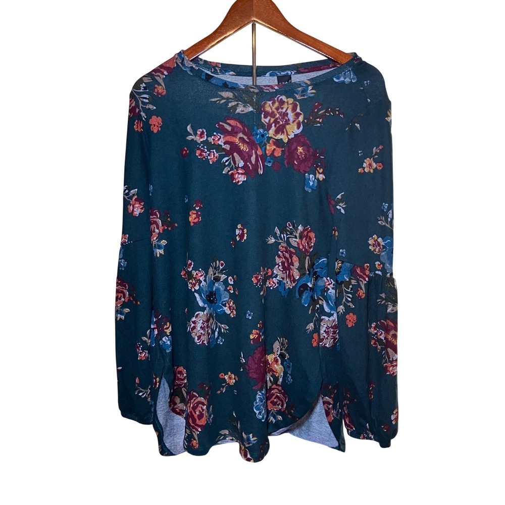 Lildy Floral Bishop Sleeve Tunic Women S-M Teal Round Hem Top NWT Top
